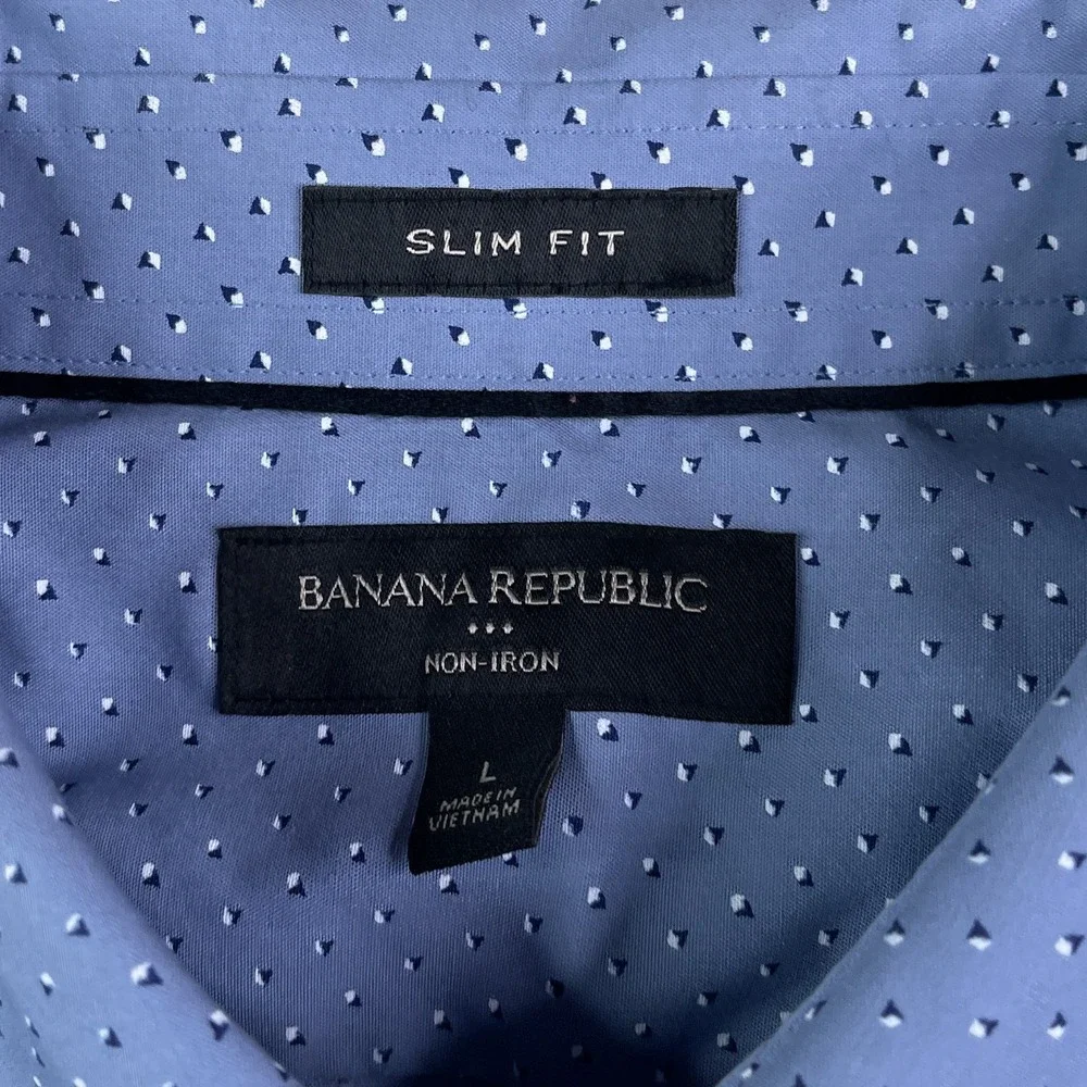 Banana Republic Shirt Mens Large Blue Geometric Slim Fit Non‎ Iron Button Up
